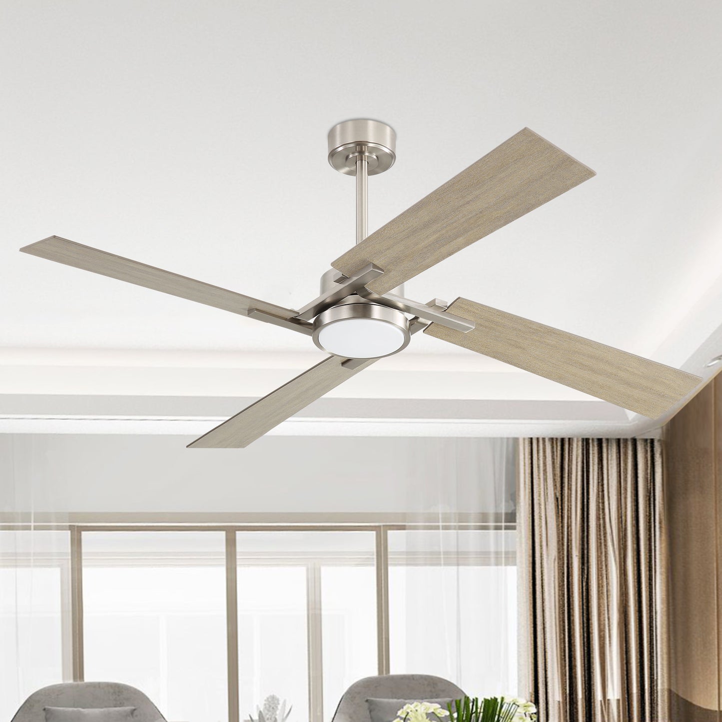 72" Brushed Nickel Ceiling Fan with Wood Blades and LED Light – Modern Remote Fan