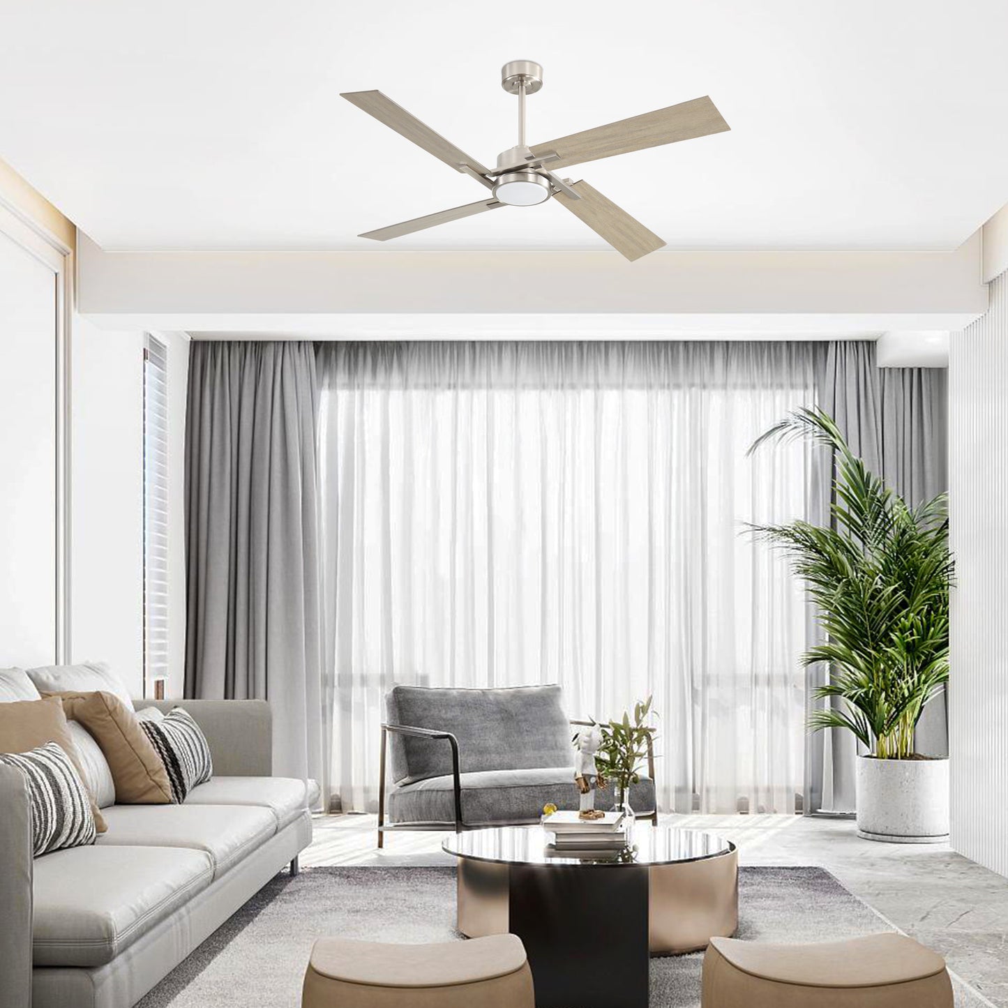 72" Brushed Nickel Ceiling Fan with Wood Blades and LED Light – Modern Remote Fan