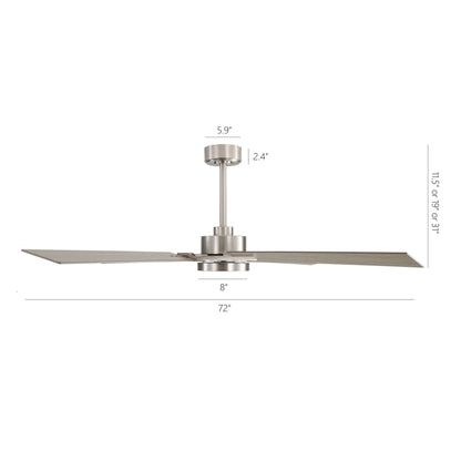 72" Brushed Nickel Ceiling Fan with Wood Blades and LED Light – Modern Remote Fan