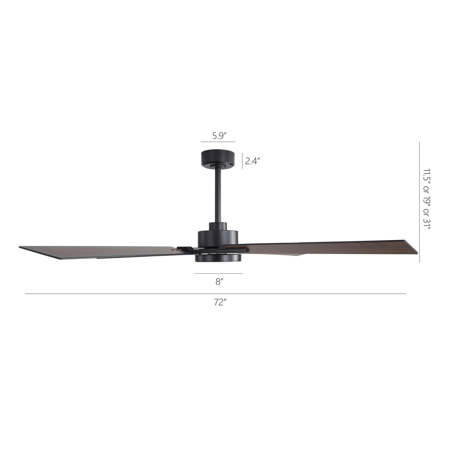 72" Black Ceiling Fan with Wood Blades and LED Light – Modern Dimmable Fan with Remote