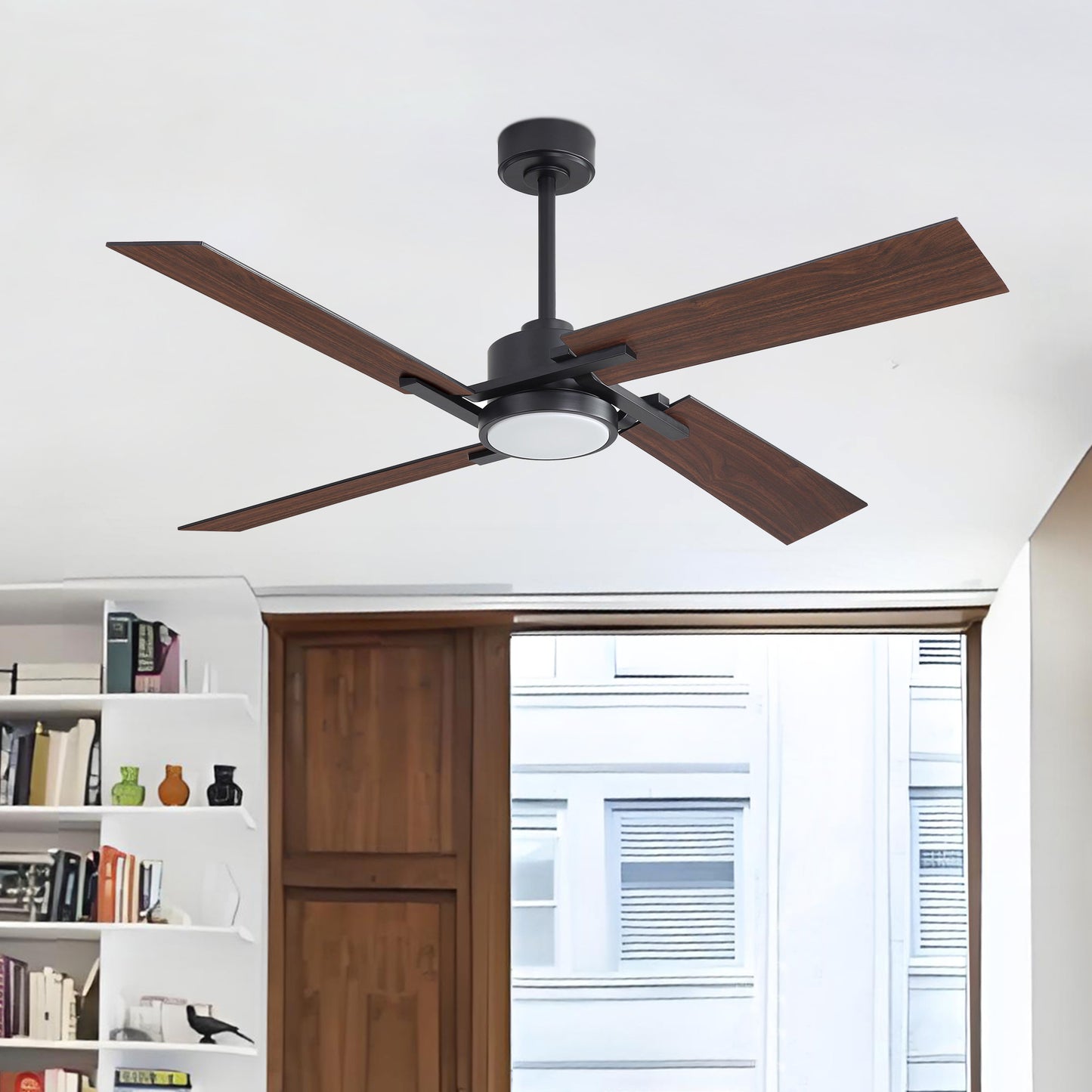 72" Black Ceiling Fan with Wood Blades and LED Light – Modern Dimmable Fan with Remote