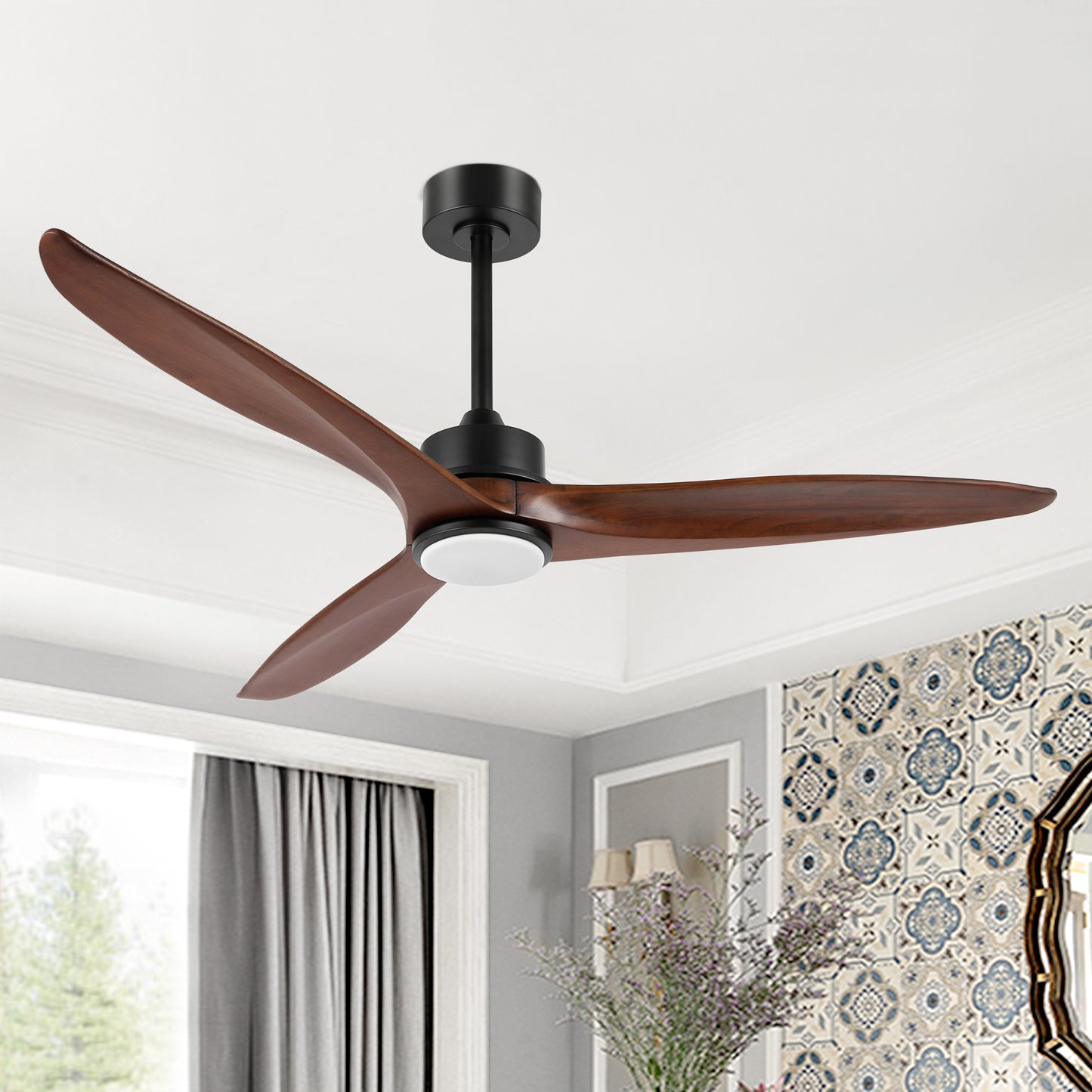 52" Black Ceiling Fan with Walnut Wood Blades and LED Light – Modern Remote Fan
