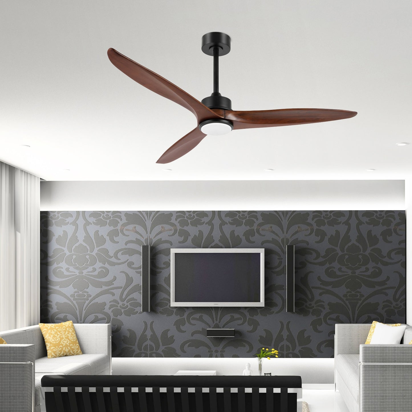 52" Black Ceiling Fan with Walnut Wood Blades and LED Light – Modern Remote Fan