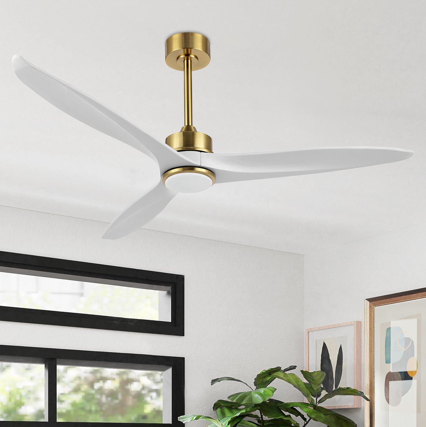 52" Gold and White Ceiling Fan with LED Light and Remote – Modern Dimmable Fan