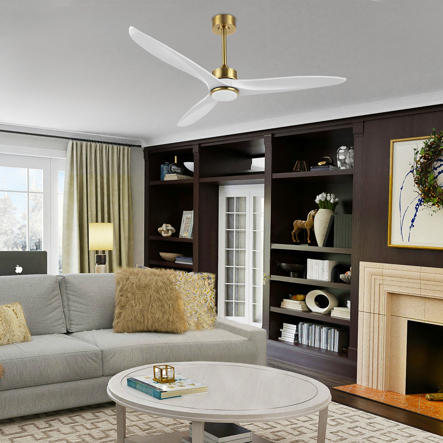 52" Gold and White Ceiling Fan with LED Light and Remote – Modern Dimmable Fan