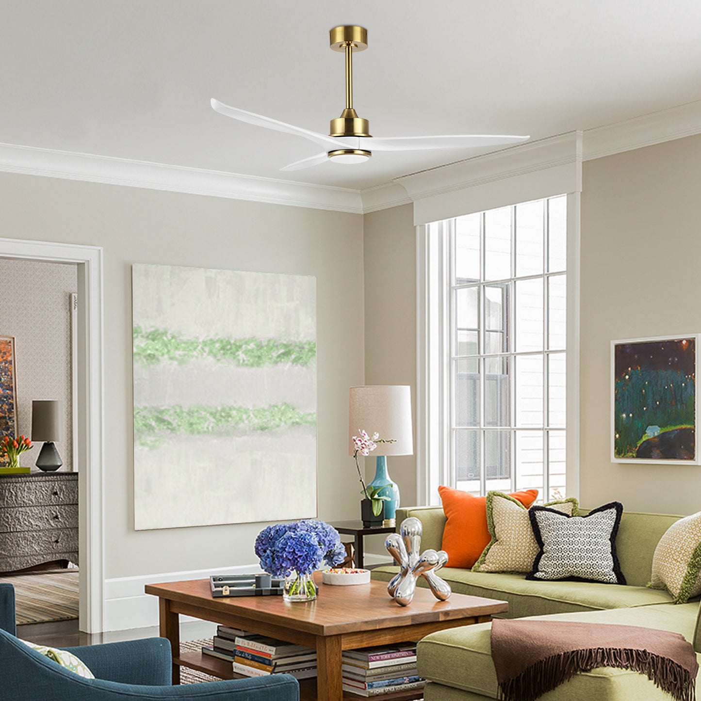 52" Gold and White Ceiling Fan with LED Light and Remote – Modern Dimmable Fan