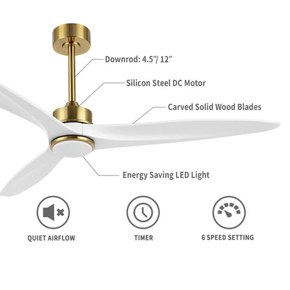 52" Gold and White Ceiling Fan with LED Light and Remote – Modern Dimmable Fan