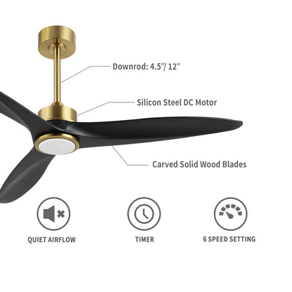 52" Gold and Black Ceiling Fan with LED Light and Remote – Modern Dimmable Fan