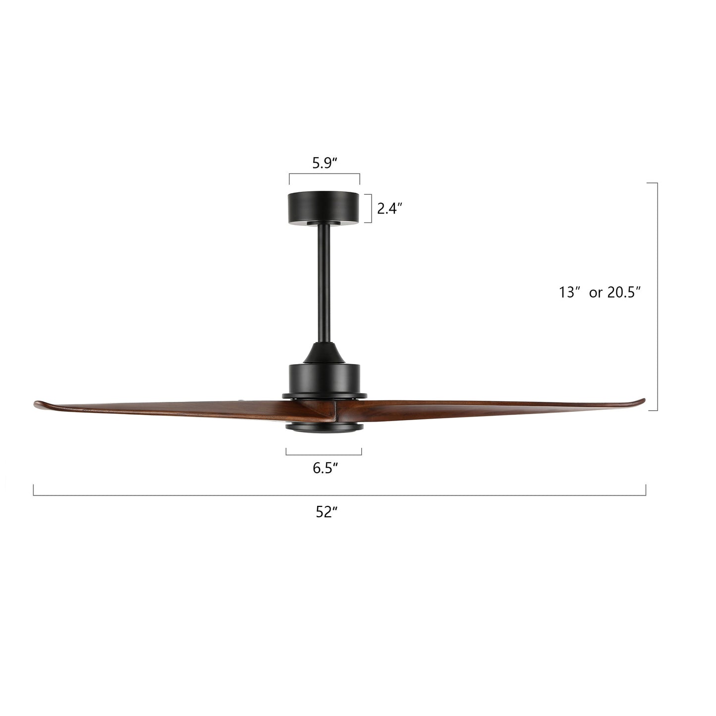 52" Black Ceiling Fan with Walnut Wood Blades and Remote – Modern No Light Fan