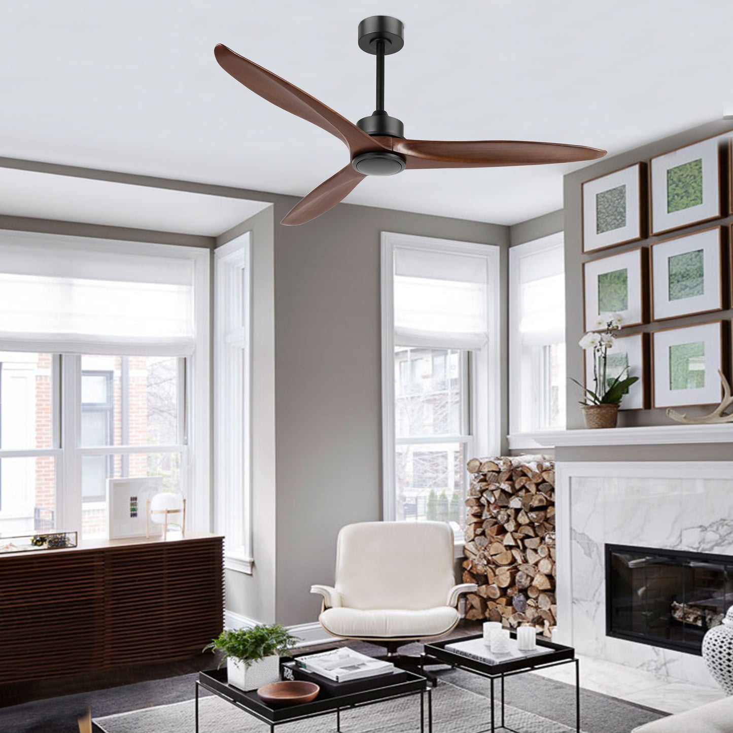 52" Black Ceiling Fan with Walnut Wood Blades and Remote – Modern No Light Fan