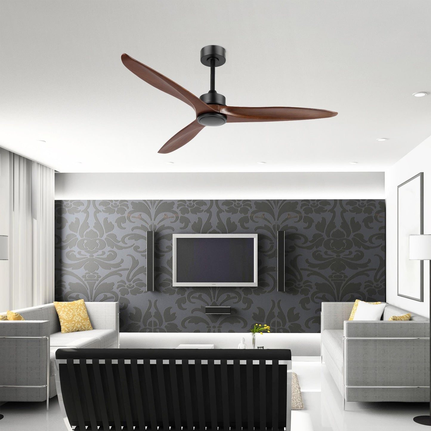 52" Black Ceiling Fan with Walnut Wood Blades and Remote – Modern No Light Fan