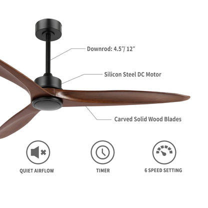 52" Black Ceiling Fan with Walnut Wood Blades and Remote – Modern No Light Fan