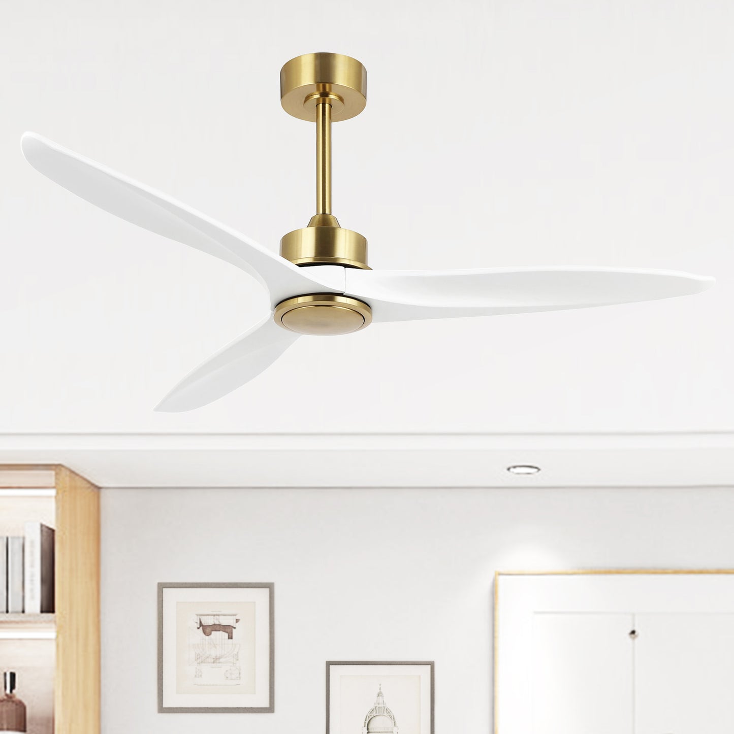52" Gold and White Ceiling Fan with Remote – Modern No Light Fan