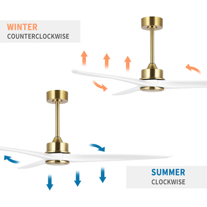 52" Gold and White Ceiling Fan with Remote – Modern No Light Fan