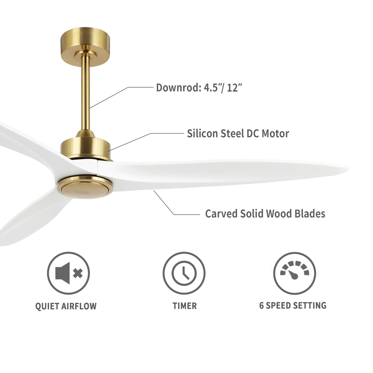 52" Gold and White Ceiling Fan with Remote – Modern No Light Fan
