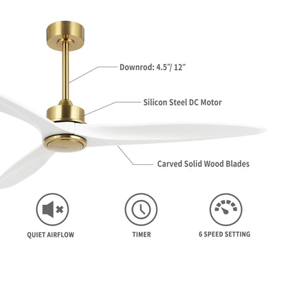 52" Gold and White Ceiling Fan with Remote – Modern No Light Fan