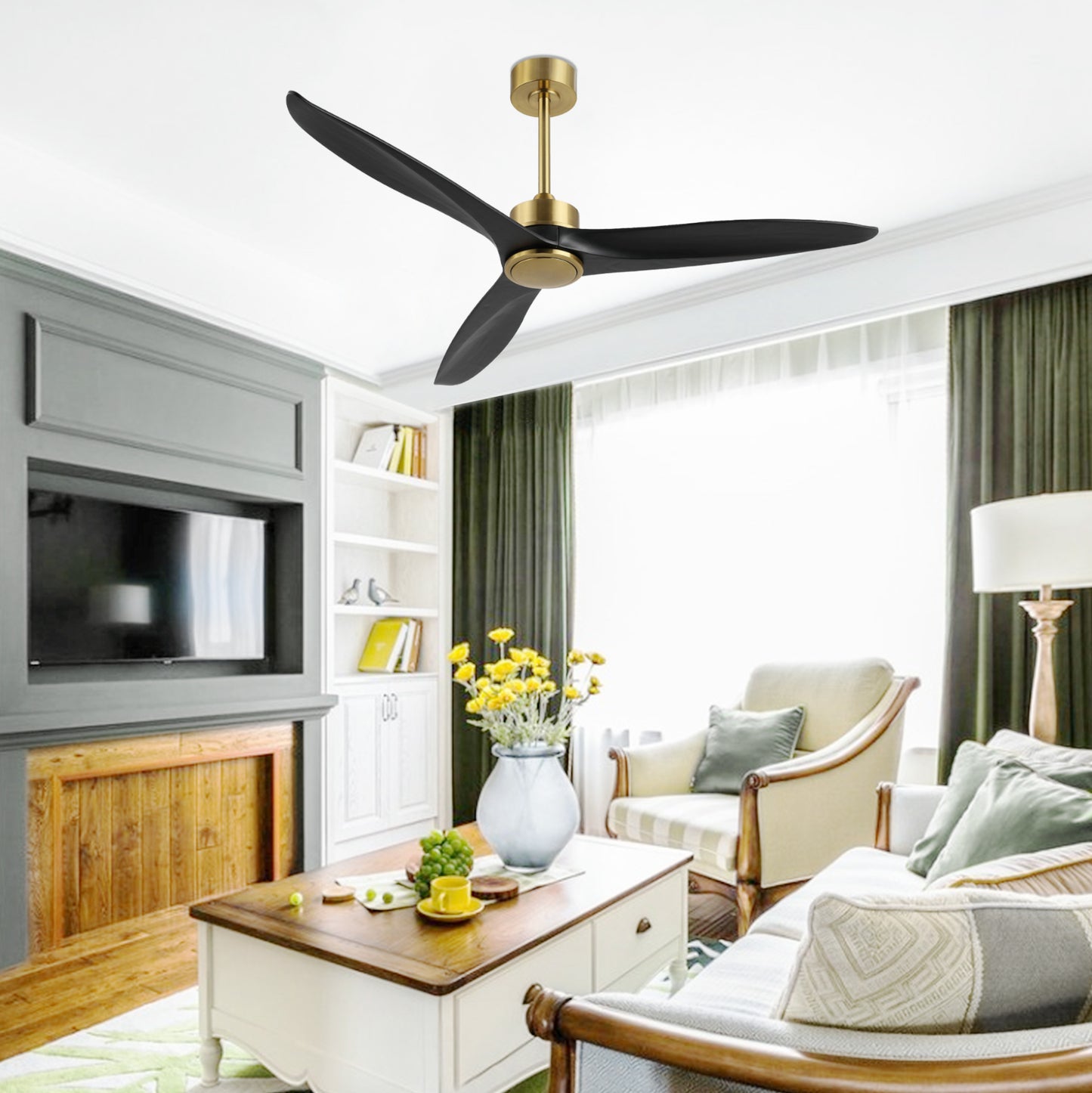 52" Gold and Black Ceiling Fan with Remote – Modern No Light Fan