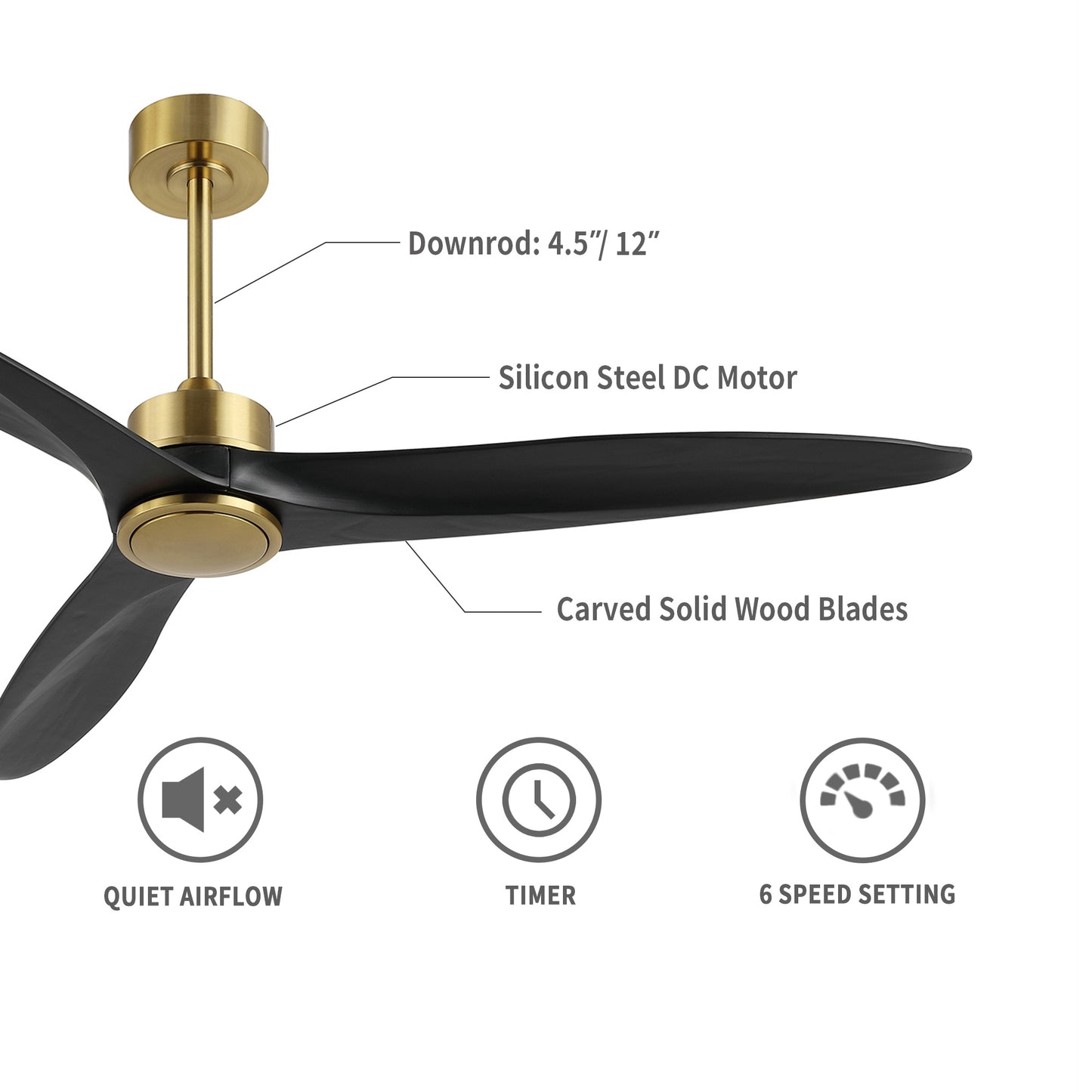 52" Gold and Black Ceiling Fan with Remote – Modern No Light Fan