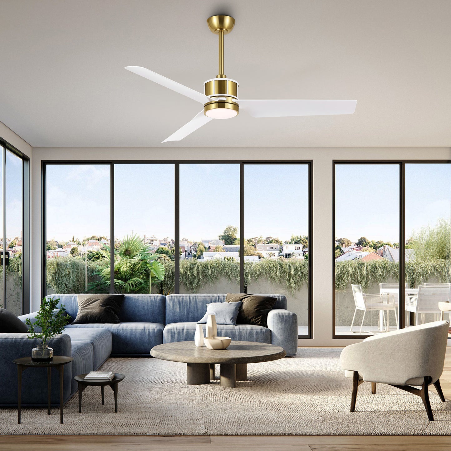 52" Gold and White Ceiling Fan with LED Light and Remote – Modern Wood Blade Fan