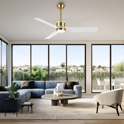 52" Gold and White Ceiling Fan with LED Light and Remote – Modern Wood Blade Fan