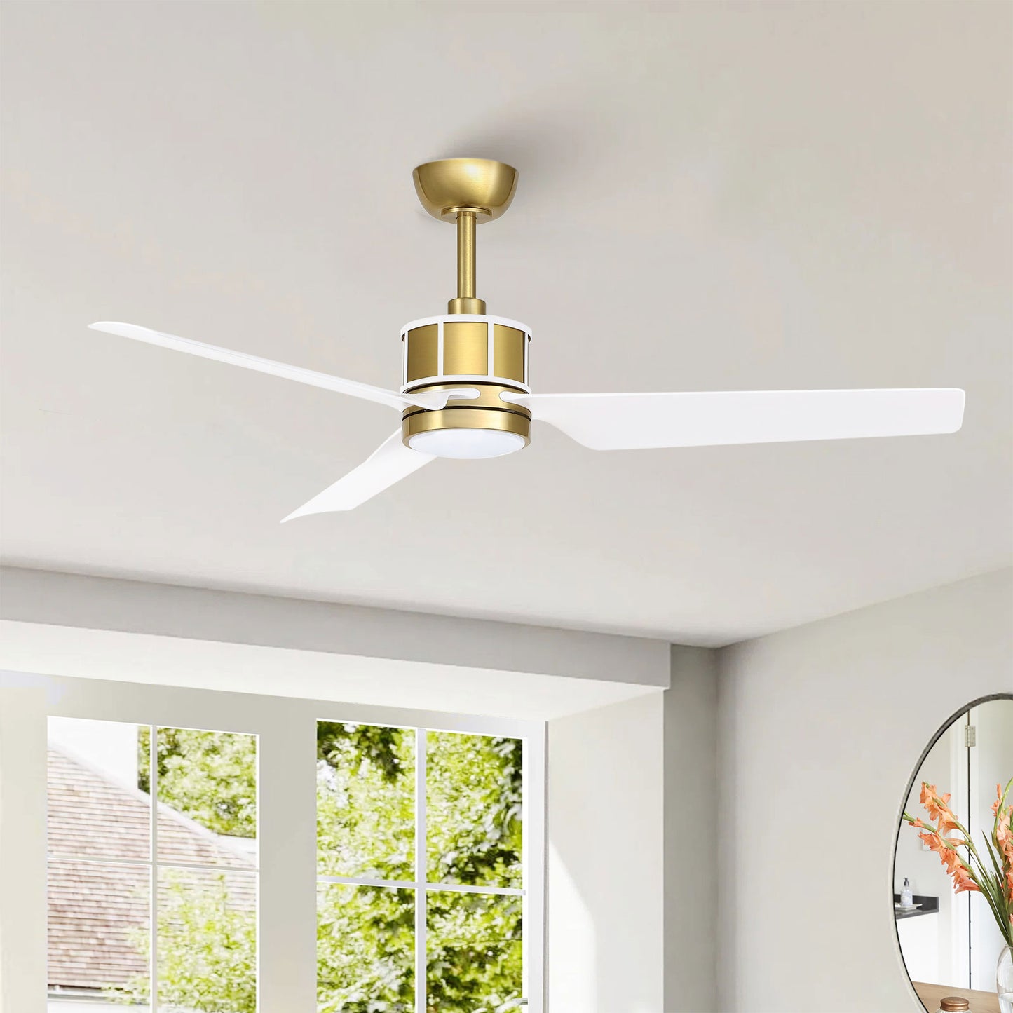 52" Gold and White Ceiling Fan with LED Light and Remote – Modern Wood Blade Fan
