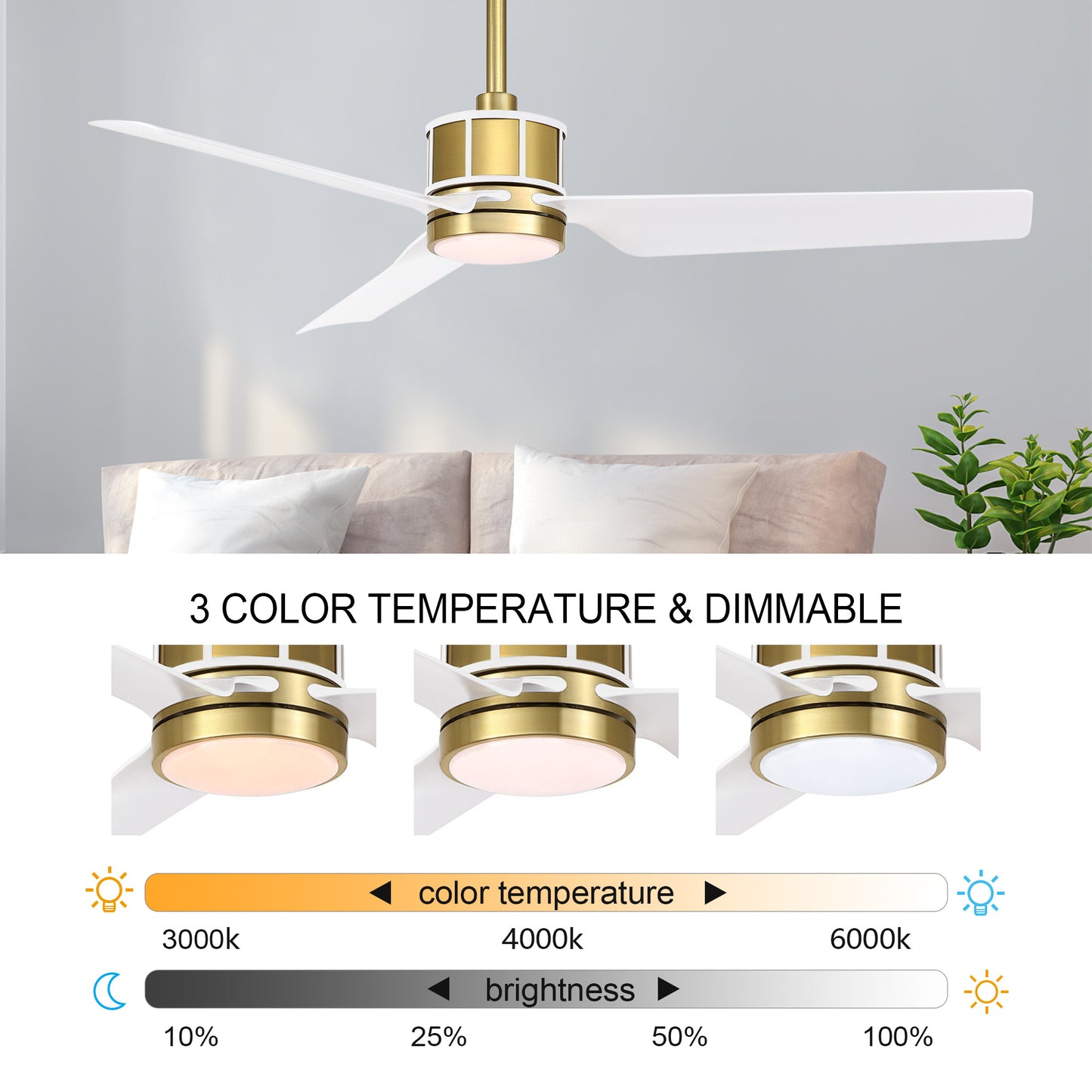 52" Gold and White Ceiling Fan with LED Light and Remote – Modern Wood Blade Fan