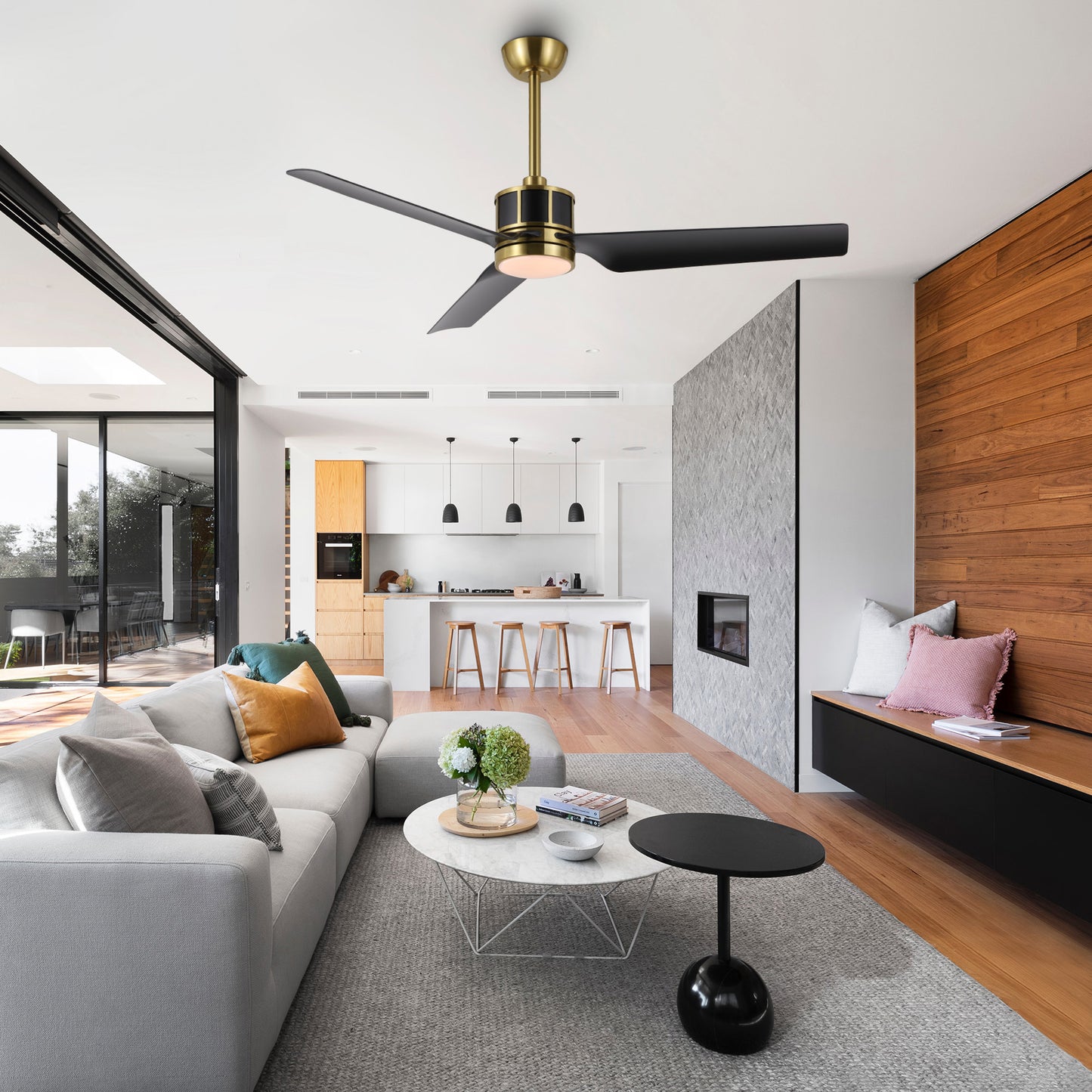 52" Gold and Black Ceiling Fan with LED Light and Remote – Modern Wood Blade Fan