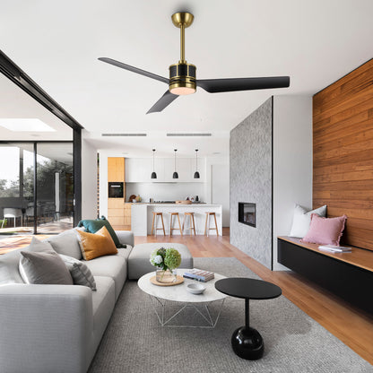 52" Gold and Black Ceiling Fan with LED Light and Remote – Modern Wood Blade Fan