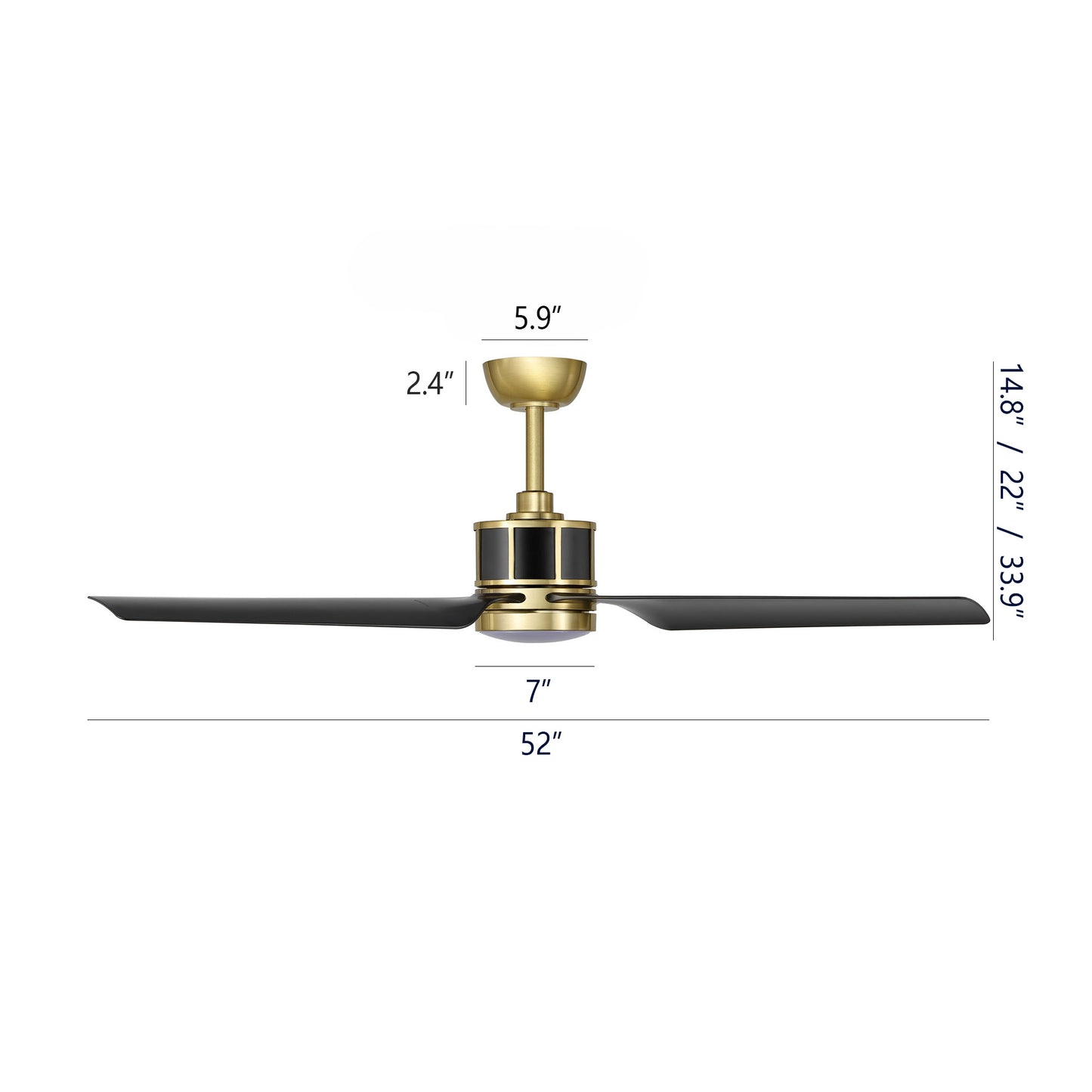 52" Gold and Black Ceiling Fan with LED Light and Remote – Modern Wood Blade Fan