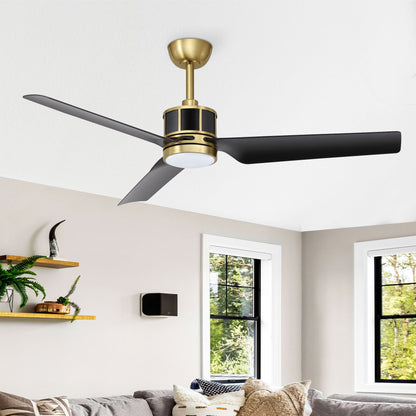 52" Gold and Black Ceiling Fan with LED Light and Remote – Modern Wood Blade Fan