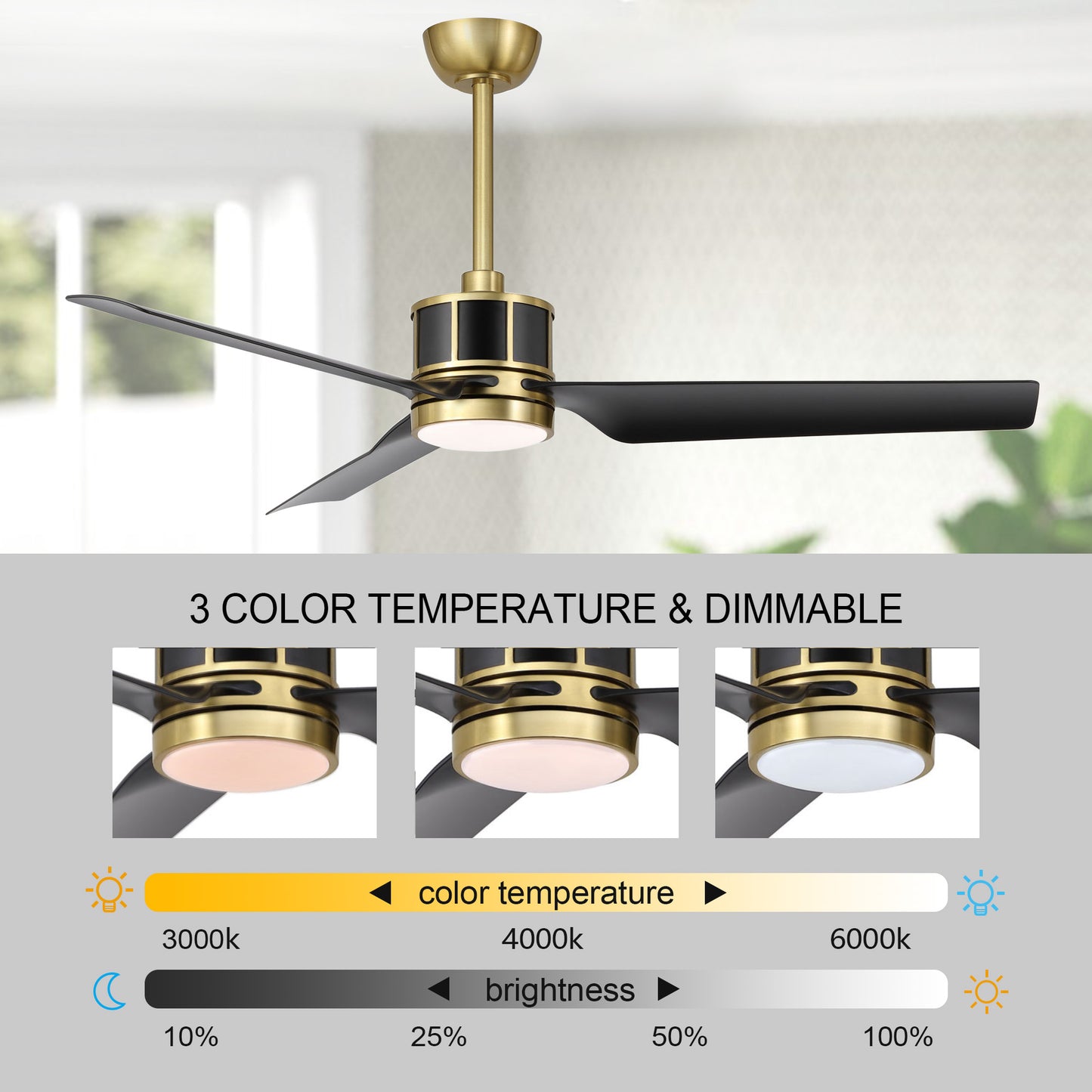 52" Gold and Black Ceiling Fan with LED Light and Remote – Modern Wood Blade Fan