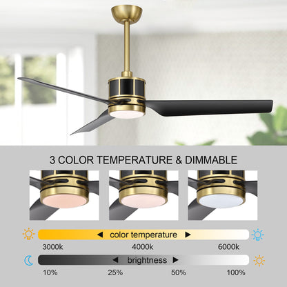 52" Gold and Black Ceiling Fan with LED Light and Remote – Modern Wood Blade Fan