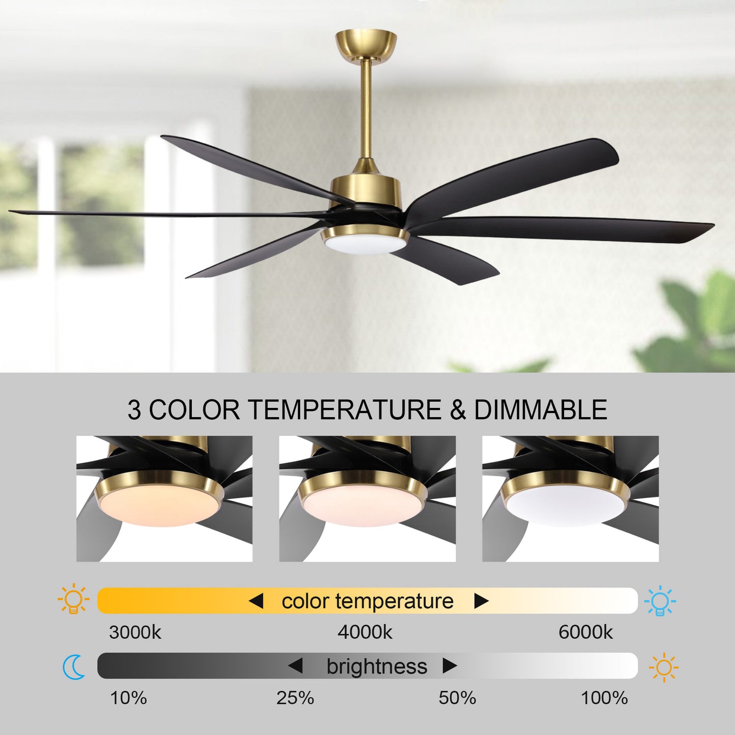 64" Gold & Black Ceiling Fan with Light & Remote – Quiet 6-Speed DC Motor