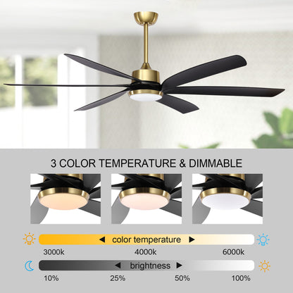 64" Gold & Black Ceiling Fan with Light & Remote – Quiet 6-Speed DC Motor