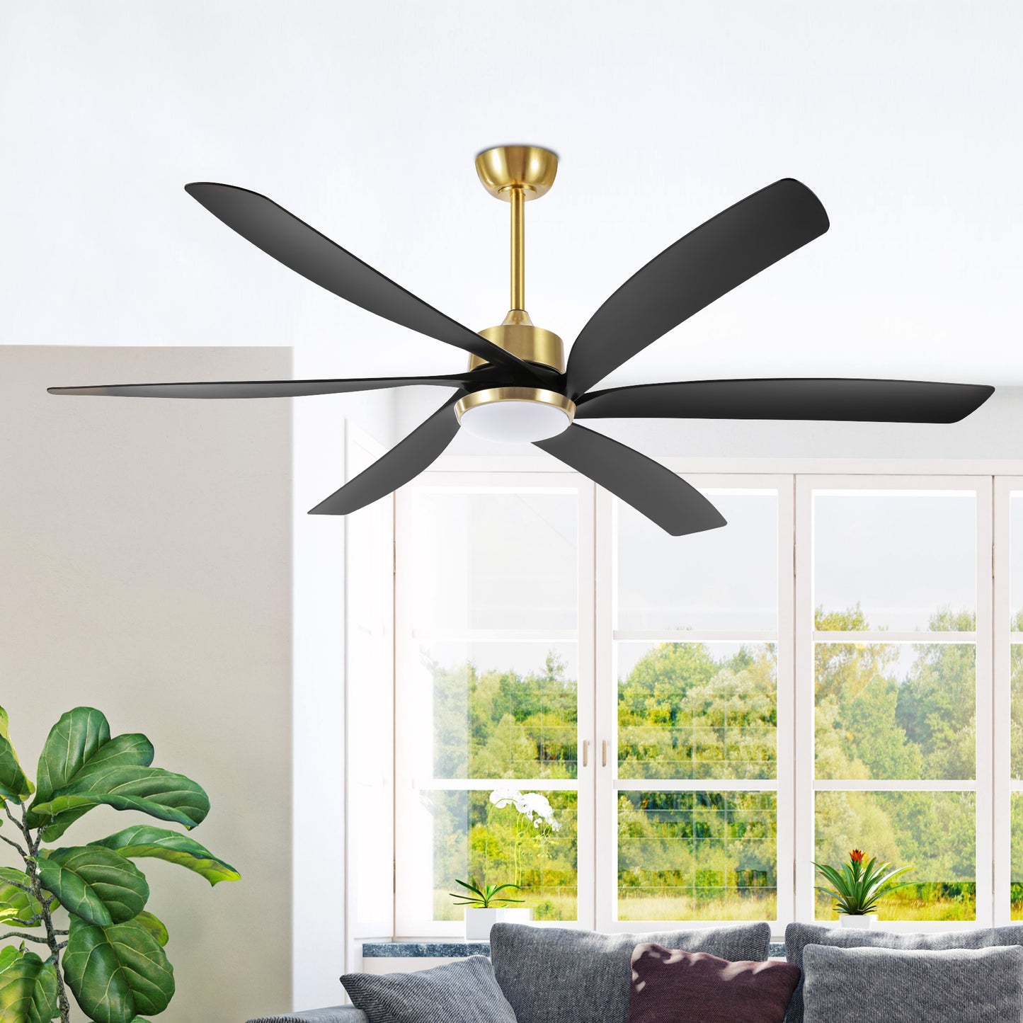 64" Gold & Black Ceiling Fan with Light & Remote – Quiet 6-Speed DC Motor