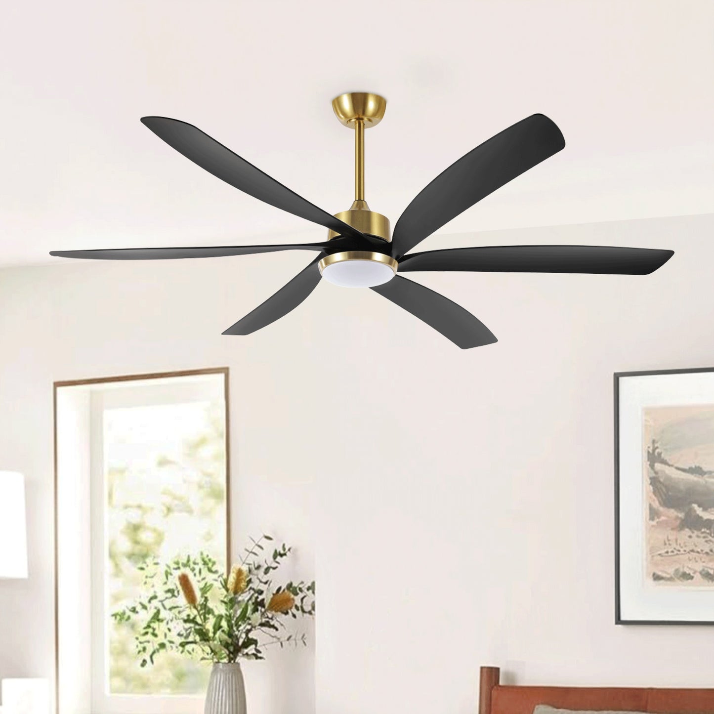 64" Gold & Black Ceiling Fan with Light & Remote – Quiet 6-Speed DC Motor