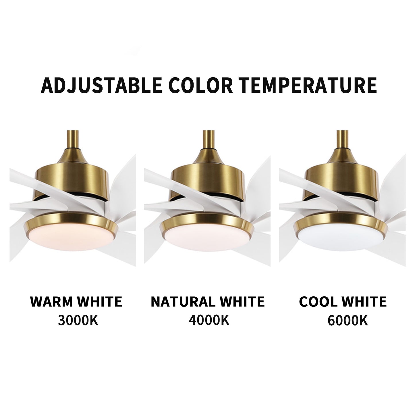 64" Gold & White Ceiling Fan with Light & Remote – Quiet 6-Speed DC Motor