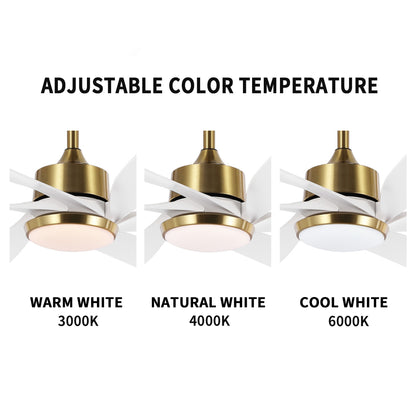 64" Gold & White Ceiling Fan with Light & Remote – Quiet 6-Speed DC Motor