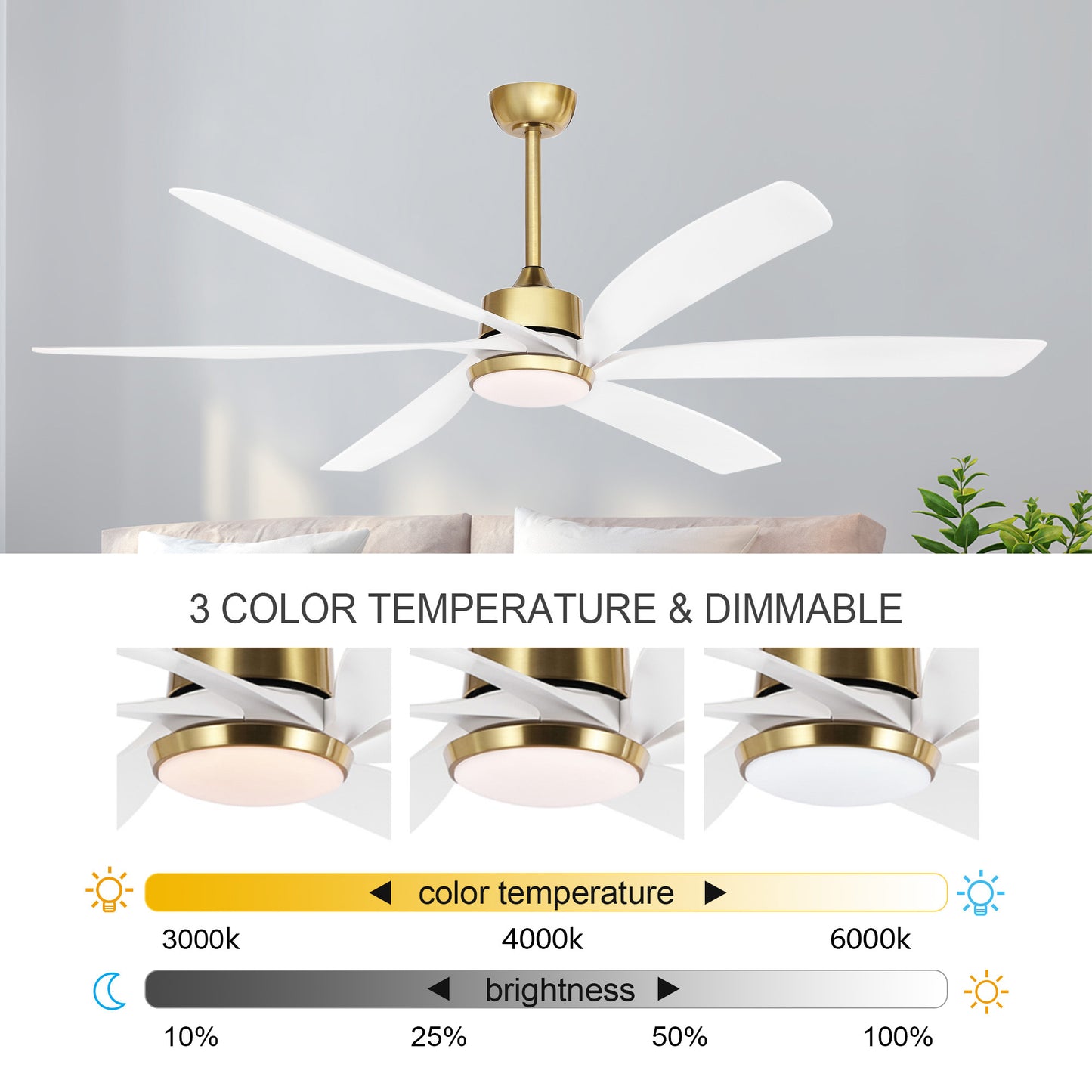 64" Gold & White Ceiling Fan with Light & Remote – Quiet 6-Speed DC Motor