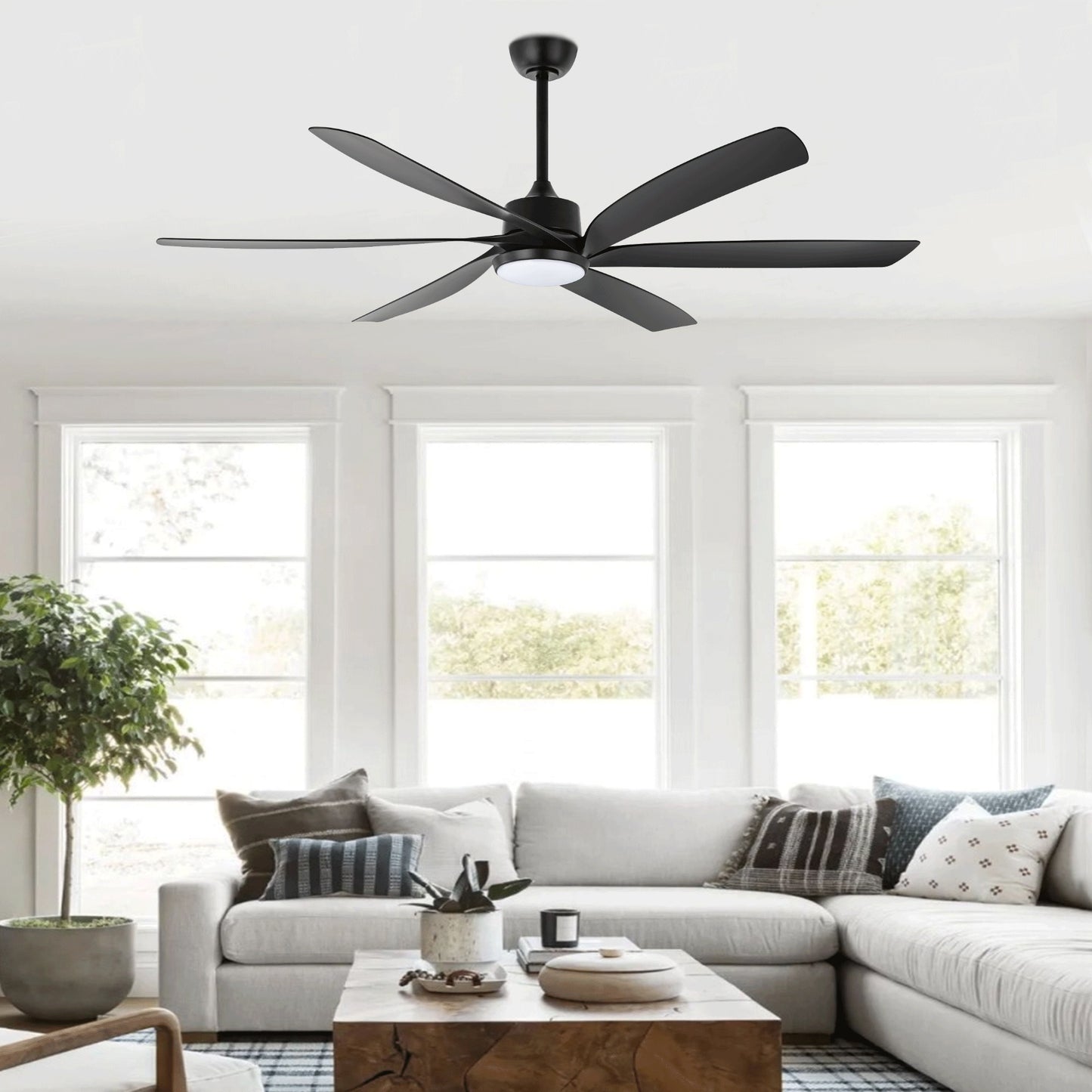 64" Matte Black Ceiling Fan with Light & Remote – Quiet 6-Speed DC Motor