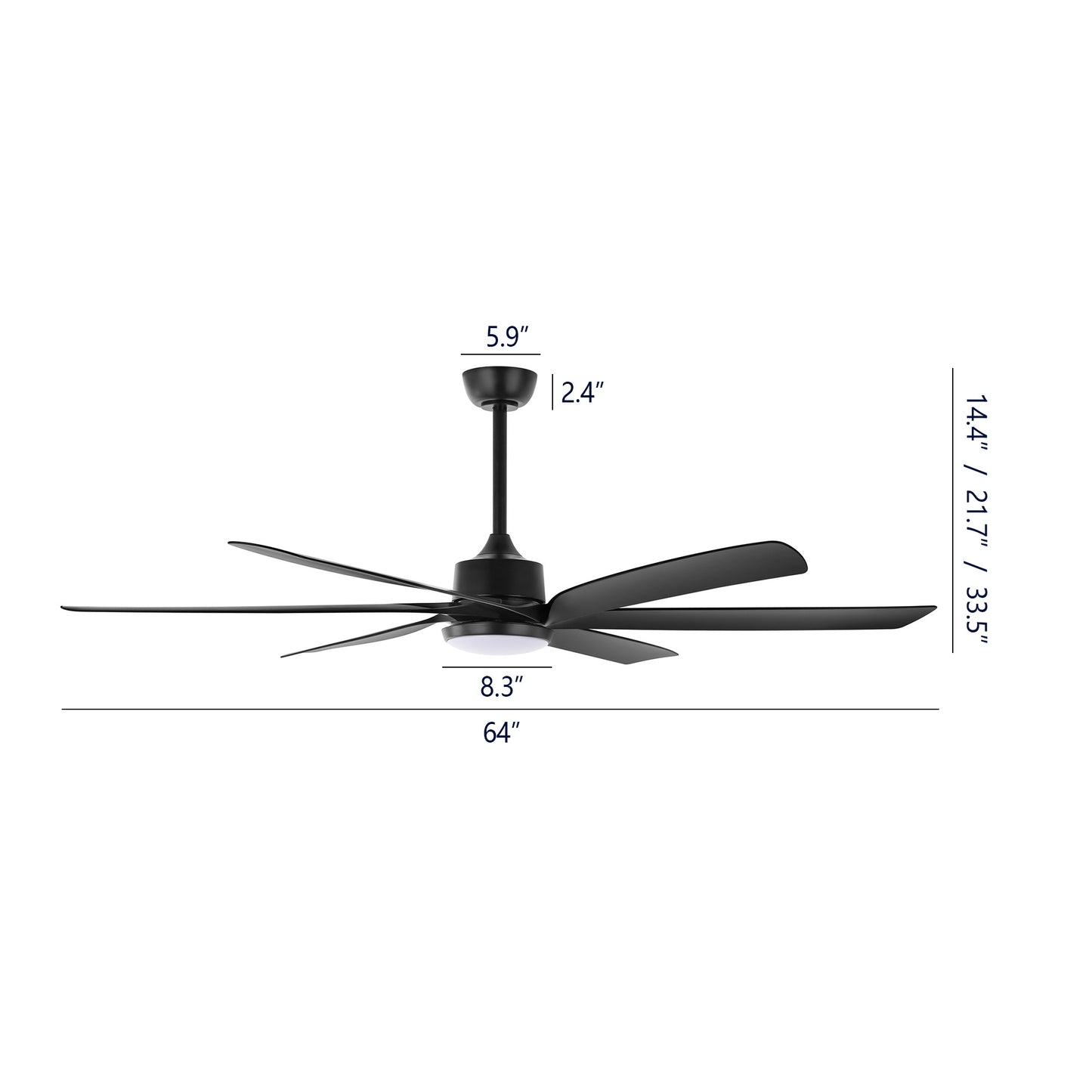 64" Matte Black Ceiling Fan with Light & Remote – Quiet 6-Speed DC Motor