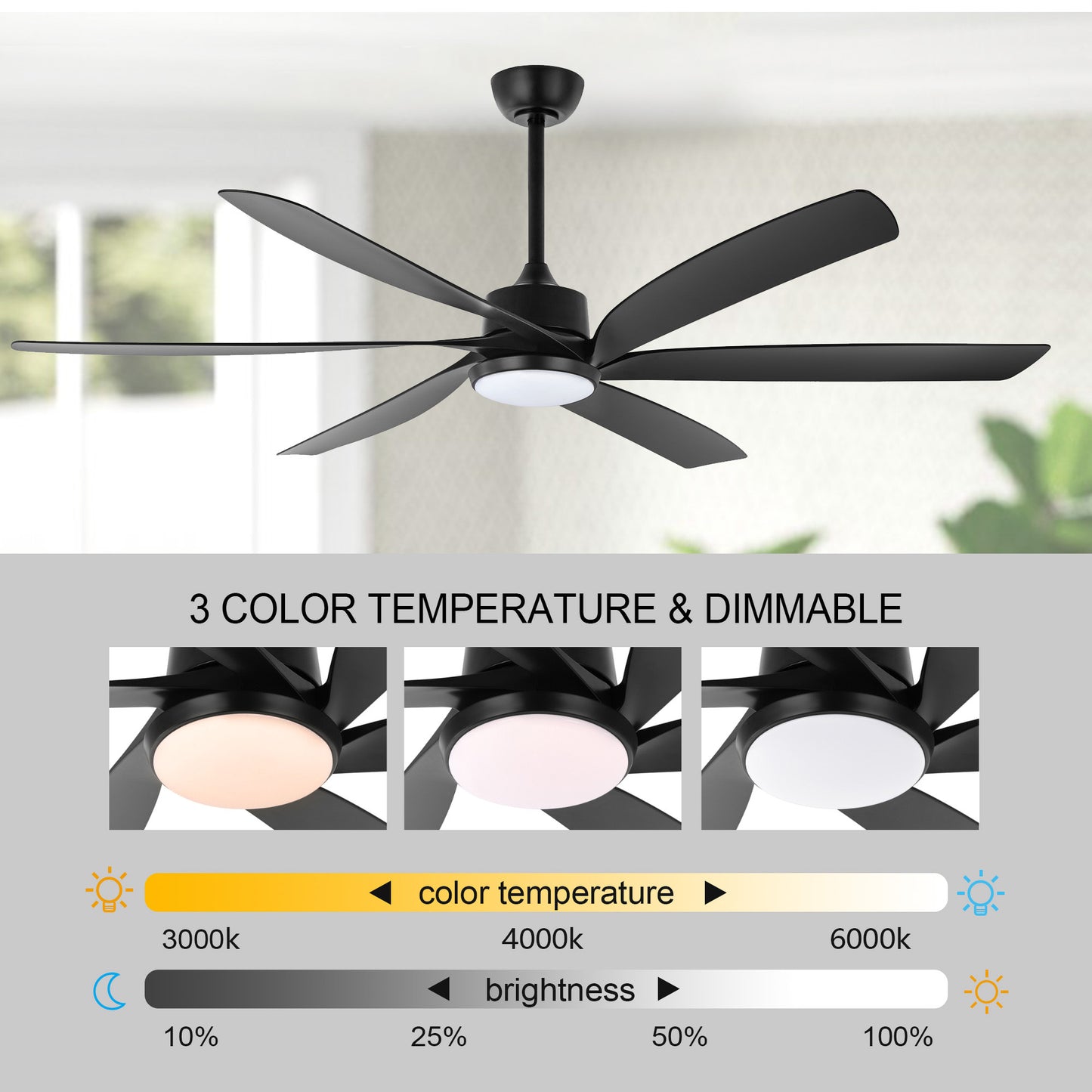 64" Matte Black Ceiling Fan with Light & Remote – Quiet 6-Speed DC Motor