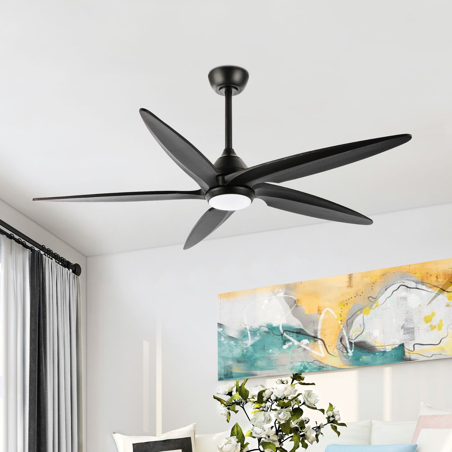 54" Matte Black Ceiling Fan with LED Light and Remote – Modern Dimmable Fan