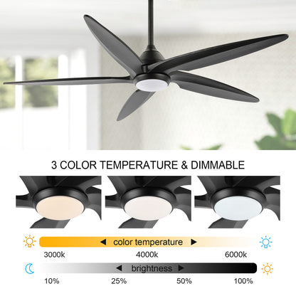 54" Matte Black Ceiling Fan with LED Light and Remote – Modern Dimmable Fan