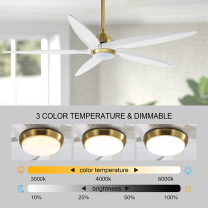 54" Gold and White Ceiling Fan with LED Light and Remote – Modern Dimmable Fan