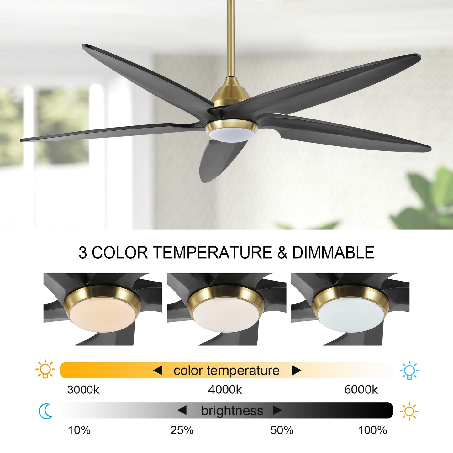 54" Gold and Black Ceiling Fan with LED Light and Remote – Modern Dimmable Fan