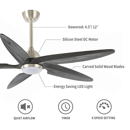 54" Silver Ceiling Fan with Gray Blades and LED Light – Modern Remote Fan