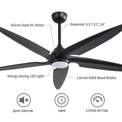 64" Matte Black Ceiling Fan with LED Light and Remote – Modern Large Room Fan