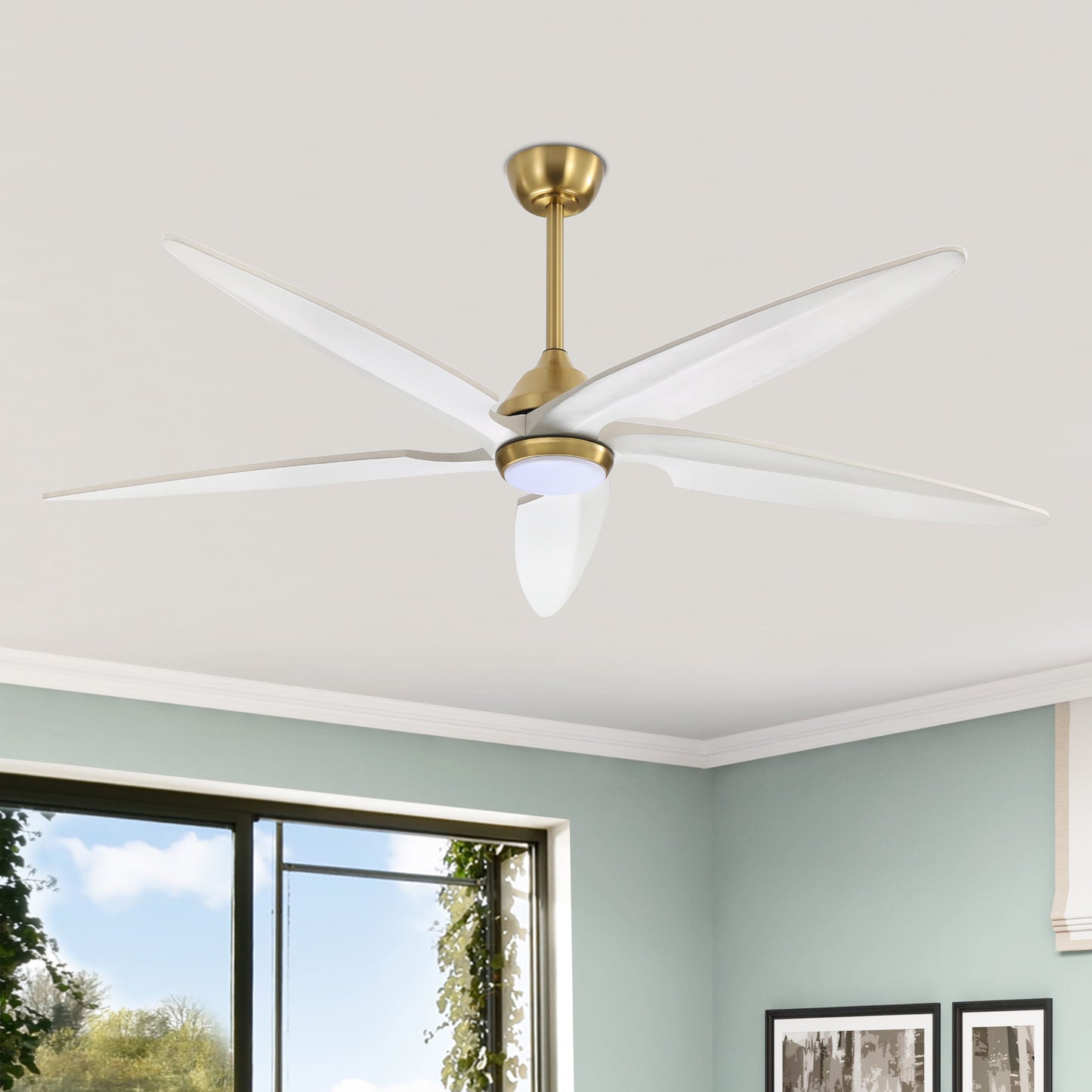 64" Gold and White Ceiling Fan with LED Light and Remote – Modern Large Room Fan