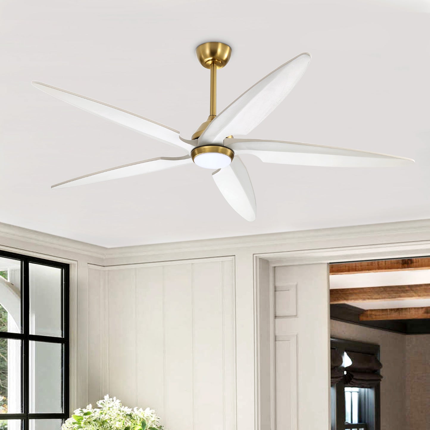 64" Gold and White Ceiling Fan with LED Light and Remote – Modern Large Room Fan